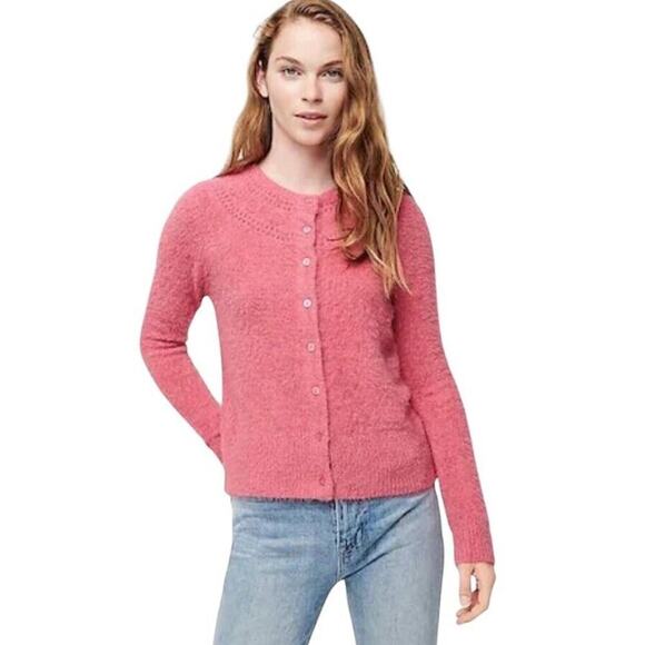 The Reeds x J.Crew‎ Size M Fuzzy Cardigan Sweater Flamingo Pink Eyelash Preppy - Picture 2 of 16